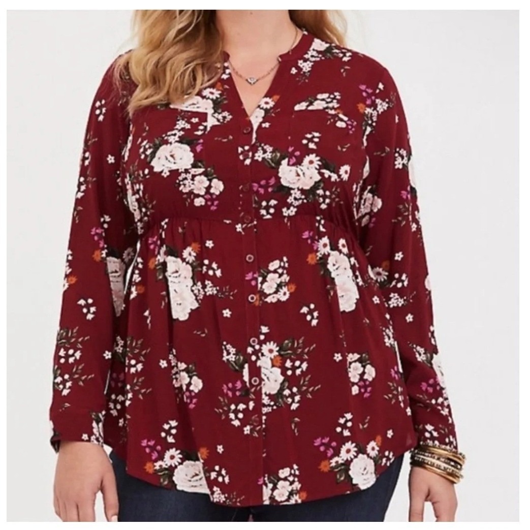 Torrid 3 Burgundy Floral Babydoll Tunic Blouse Button Front Long Sleeve 11508058